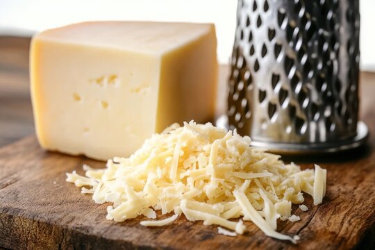 block of pale yellow cheese with a pile of freshly grated cheese and a metal grater on a rustic wooden cutting board, warm appetizing mood