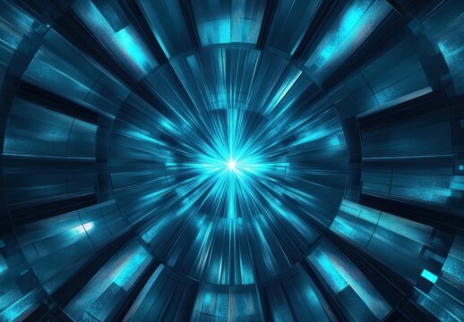 Glowing cyan starburst at the center of concentric metallic rings forming a futuristic tunnel, radiating intense energy, motion and dynamic technological power