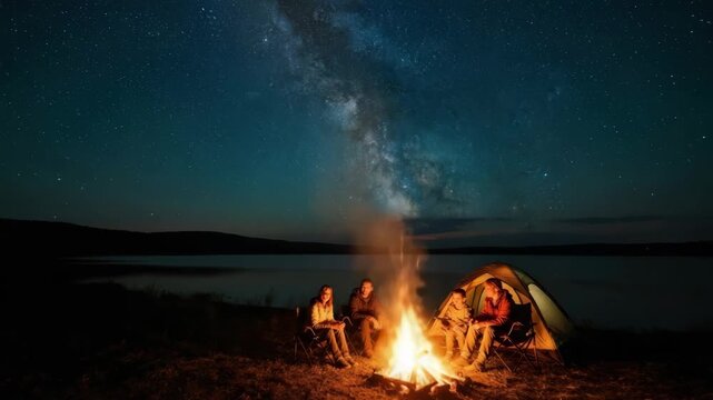 Family with a child enjoying a campfire by the lake on a camping trip at night. People sitting near a tent under a beautiful starry sky with the milky way. Outdoor travel and adventure