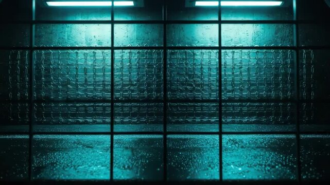 Mysterious empty room with a metal grate and wet reflective floor. Cold cyan neon light creates a futuristic and eerie atmosphere for a sci-fi or horror background concept