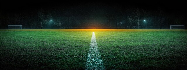 Rain-soaked soccer field at night with glowing center line leading to distant warm light, two goalposts under dim lamps, wet grass, falling rain and a moody, expectant atmosphere