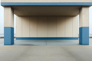 Empty minimalist seaside shelter with two square columns, beige panel wall, blue trim and concrete floor conveying calm solitude