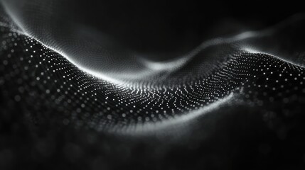 Monochrome undulating wave of glowing dots and mesh forming a mysterious futuristic digital landscape