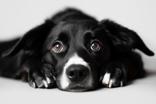 black and white dog lying down with front paws forward and soulful brown eyes looking up with a calm, wistful expression