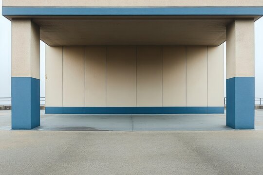 Empty minimalist seaside shelter with two square columns, beige panel wall, blue trim and concrete floor conveying calm solitude