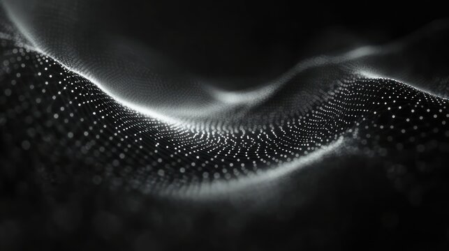 Monochrome undulating wave of glowing dots and mesh forming a mysterious futuristic digital landscape