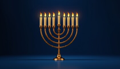 Jewish holiday Hanukkah concept. Menorah with burning candles on dark blue background with copy space.