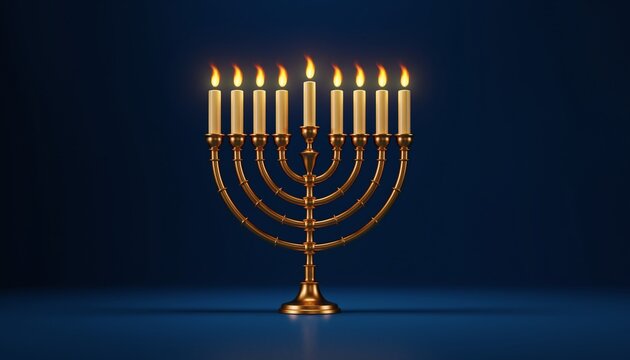 Jewish holiday Hanukkah concept. Menorah with burning candles on dark blue background with copy space.
