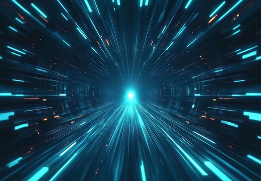 Futuristic glowing tunnel of cyan and blue light streaks with orange sparks converging to a bright core, dynamic motion blur conveying high-speed energy and awe - Powered by Adobe