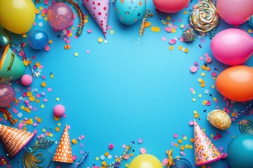 Overhead bright party layout with colorful balloons, confetti, polka dot party hats, curled streamers and swirl lollipop on vivid blue background, cheerful festive mood