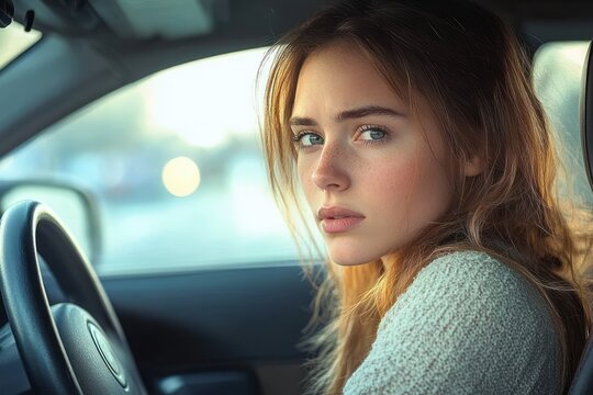 young woman sitting in driver's seat of car wearing knit sweater looking thoughtful through window at dusk
