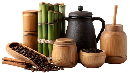Elegant arrangement of bamboo and black metal cooking tools with background elements of aromatic spices and coffee beans in small wooden containers, professional high-quality photo isolated on white b