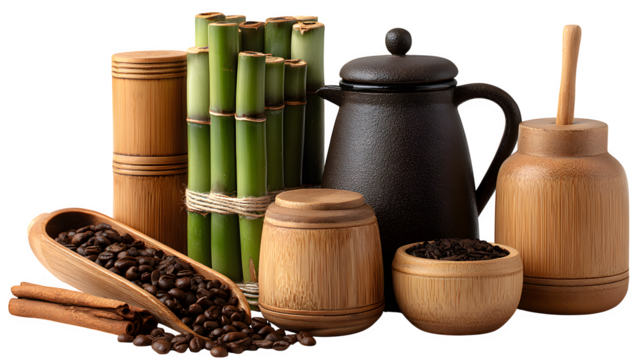 Elegant arrangement of bamboo and black metal cooking tools with background elements of aromatic spices and coffee beans in small wooden containers, professional high-quality photo isolated on white b