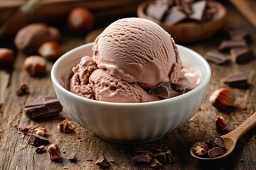 Creamy chocolate ice cream scoops in a white bowl with chocolate chunks, hazelnut pieces and a wooden spoon on a rustic wooden table, warm cozy indulgent dessert scene