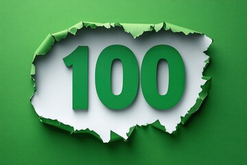 bold green 100 revealed through torn green paper to a white interior, triumphant celebratory milestone with jagged edges and dramatic shadows