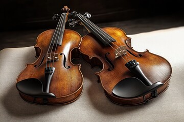 Two polished wooden violins resting side by side on a textured cloth, bathed in warm light, evoking an intimate, peaceful and nostalgic mood