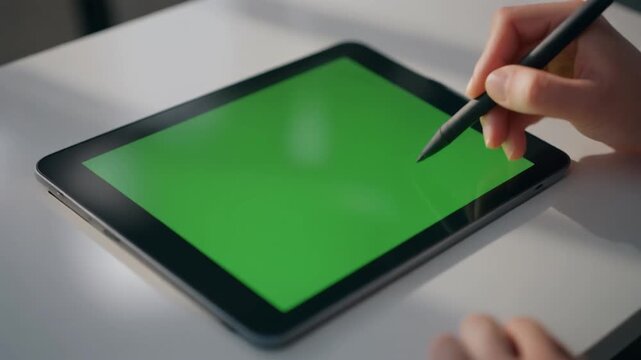 close-up shot of a hand using a stylus pen to tap a tablet with a green screen. ideal for product demo, app presentation, education, or mockup.