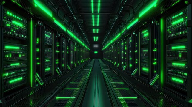 Long symmetrical server corridor lined with black racks glowing neon green, central metal walkway and overhead cabling creating a cold, futuristic and slightly ominous atmosphere - Powered by Adobe