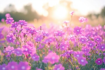 Obraz premium Sunlit field of delicate pink and purple wildflowers with soft bokeh, blurred treeline and warm golden-hour glow creating a serene, dreamy atmosphere