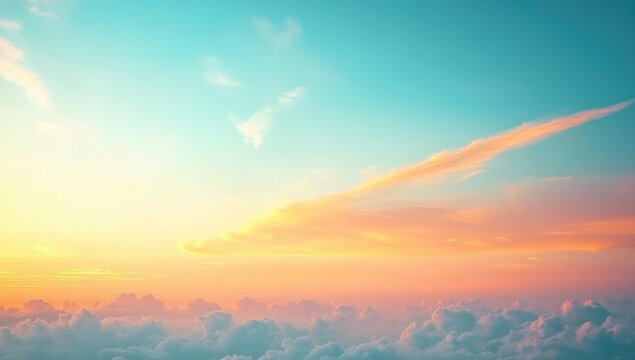 pastel sunrise above a fluffy cloudscape with a golden pink streak and tranquil turquoise sky, evoking a peaceful dreamy mood