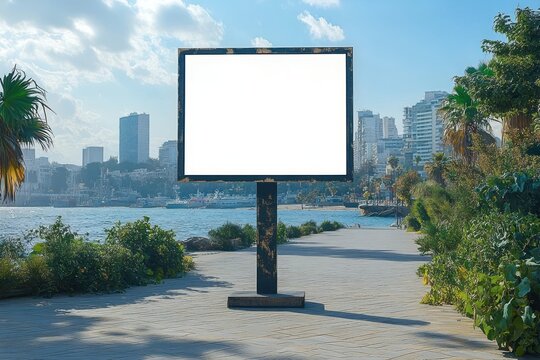 Blank freestanding billboard on a sunny waterfront promenade with palm trees, shrubs, paved walkway and distant city skyline, creating a calm and inviting atmosphere
