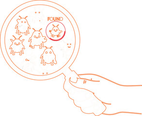 Illustration of hand holding magnifying glass searching for monster isolated on white background