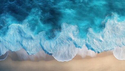 aerial view of turquoise ocean waves crashing onto a golden sandy beach with foamy surf, serene coastal motion and tranquil seascape mood