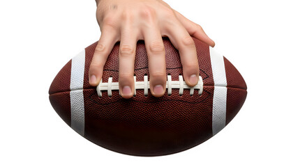 Hand holding an american football isolated on transparent background, ready to throw