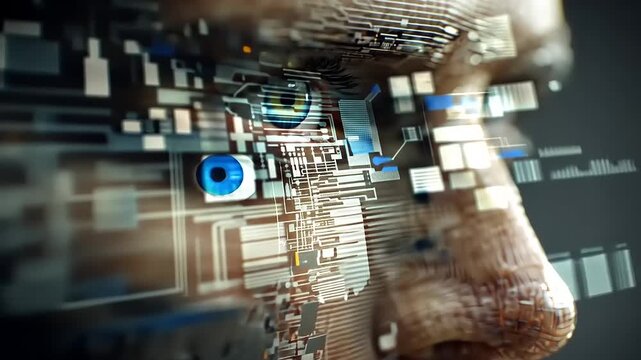 Close-up of a human eye intertwined with digital circuitry, symbolizing technology and innovation