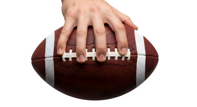 Hand holding an american football isolated on transparent background, ready to throw