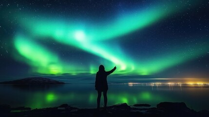 Fototapeta premium Silhouette of a person on a rocky shoreline pointing at swirling green northern lights reflected on calm water and stars, distant lights on the horizon, awe and wonder