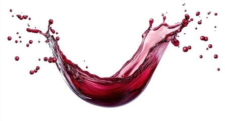 Dynamic deep red liquid arc with scattered droplets captured midair on white background, elegant energetic motion