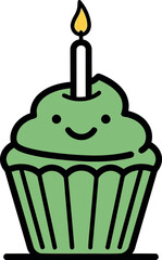 Illustration of cute green cupcake with candle isolated on white background for birthday party