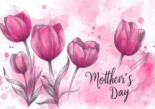 pink tulip watercolor and ink sketch with leaves, stems, paint splatters and 'Mother's Day' greeting, evoking tender warmth and affectionate celebration