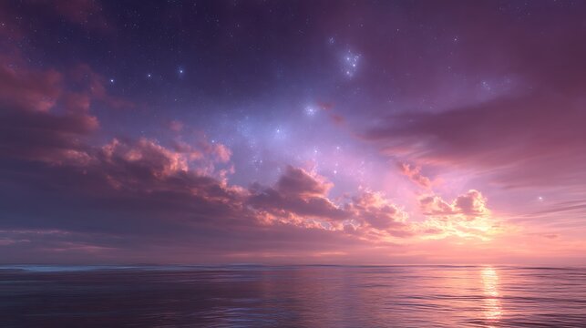 Beautiful seascape sunset with pink clouds and stars wallpaper background for desktop and mobile phone - Powered by Adobe