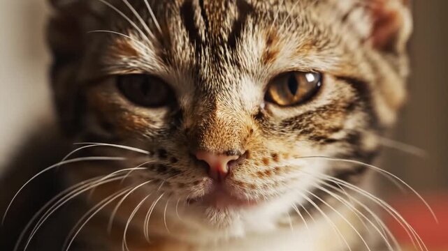 A captivating macro close-up portrait of a domestic tabby cat, its expressive eyes reflecting curiosity and warmth in a cinematic shot, showcasing intricate fur patterns and delicate whiskers