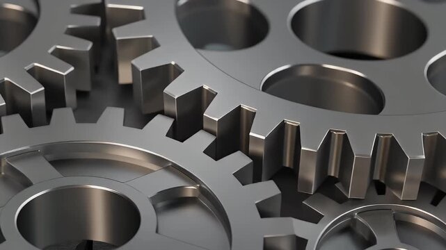 A close-up view of several interlocking metal gears and cogs from a complex machine.