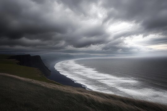 Moody coastal cliffs and sweeping shoreline under heavy storm clouds, windswept grass in the foreground and foamy ocean waves curving into a misty horizon