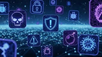 Floating Cyber Security Icons Animated in a Digital Network - Powered by Adobe