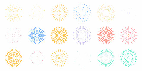 Collection of colorful abstract sunburst and starburst graphic elements on a white background