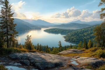 Sunlit mountain lake vista with rocky foreground and puddles, pine trees on a forested peninsula, calm reflective water and distant hills beneath soft golden clouds, serene and peaceful