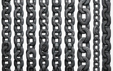 Multiple heavy weathered metal chains hanging vertically in parallel rows, different link sizes and textures, high-contrast monochrome close-up evoking strength, weight and industrial toughness