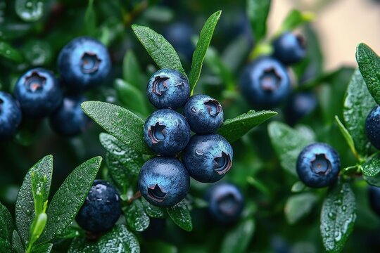 ripe blueberries clustered on a green leafy bush covered in dewdrops, fresh and vibrant close-up conveying natural abundance and morning freshness