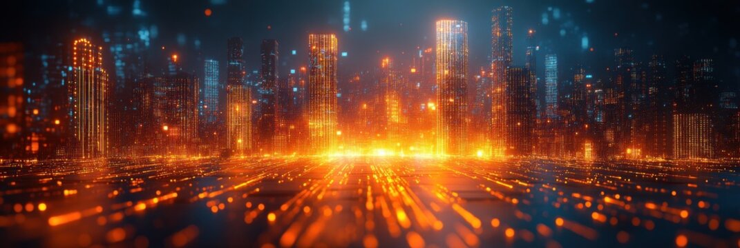 glowing futuristic city skyline with towering illuminated skyscrapers and a radiant digital light grid, energetic and awe-inspiring nightscape