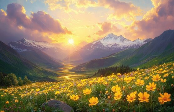 golden sunrise over snow-capped mountains with a winding valley river and an alpine meadow of yellow wildflowers under glowing clouds, serene and majestic
