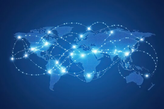 glowing dotted world map with interconnected luminous nodes and arcing lines conveying dynamic global connectivity and futuristic optimism