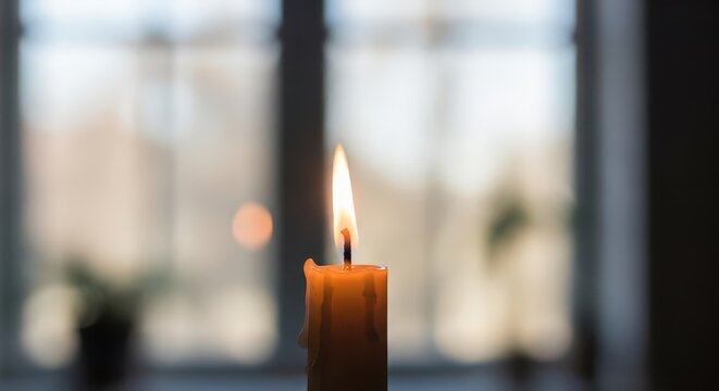 Bright candle flame illuminates the foreground against a softly blurred window background