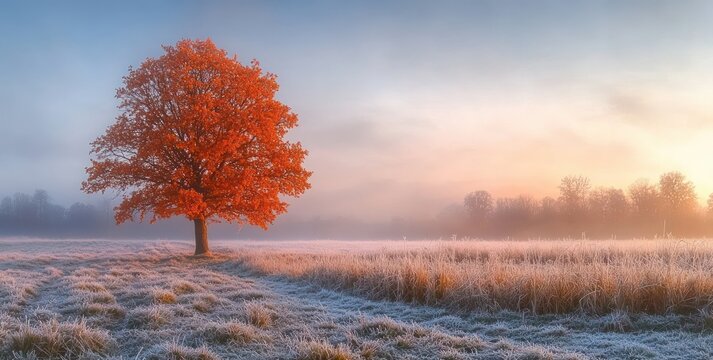 Solitary orange autumn tree standing in a frost-covered meadow at misty sunrise with pastel sky, golden light, distant treeline and peaceful tranquil atmosphere