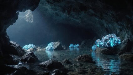 Obraz premium Mysterious Cave with Glowing Blue Crystals and Reflecting Water.