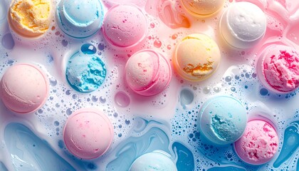 Aerial view of pastel colored ice cream scoops floating in swirling milky liquids with bubbly texture